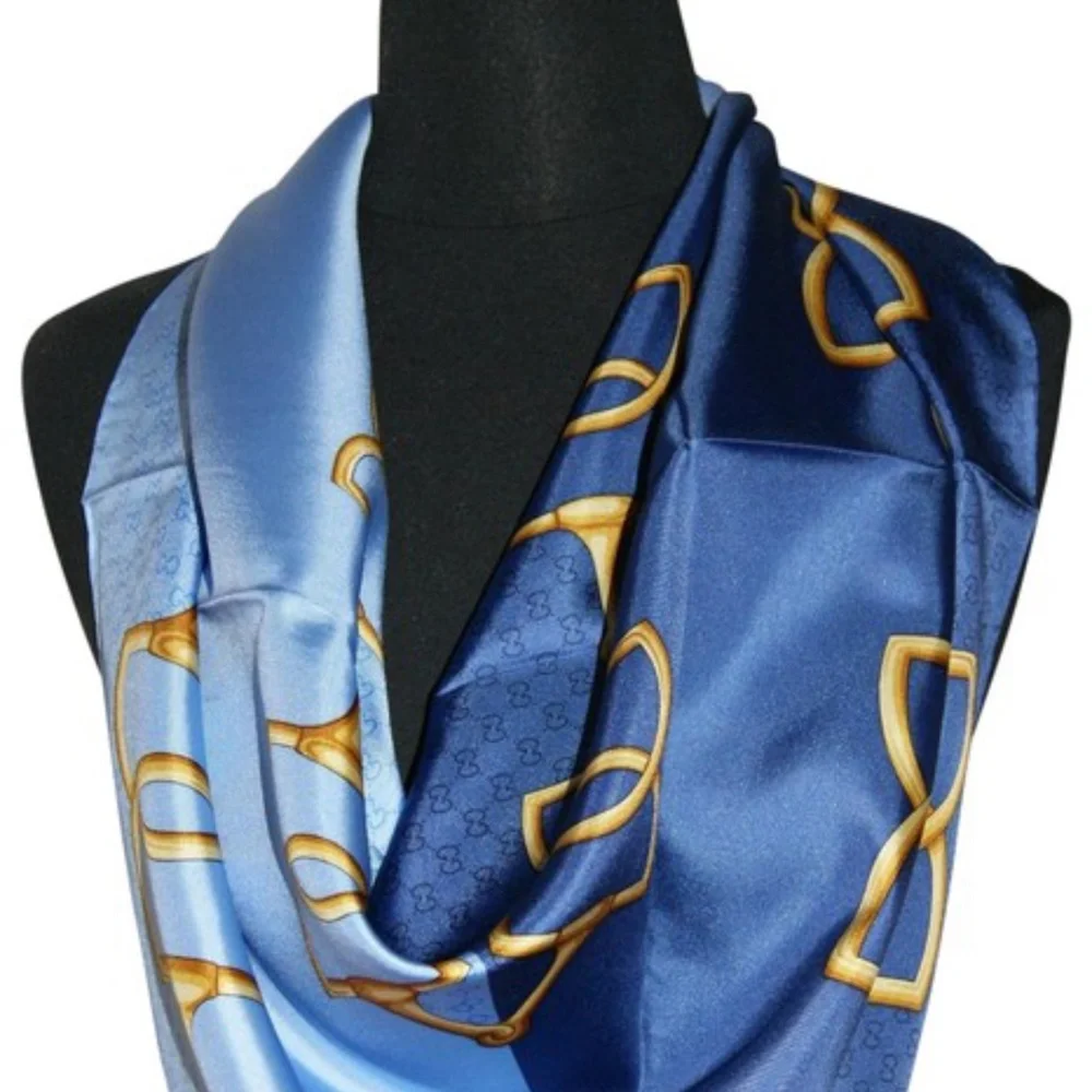New Gucci Double Blue Silk Scarf